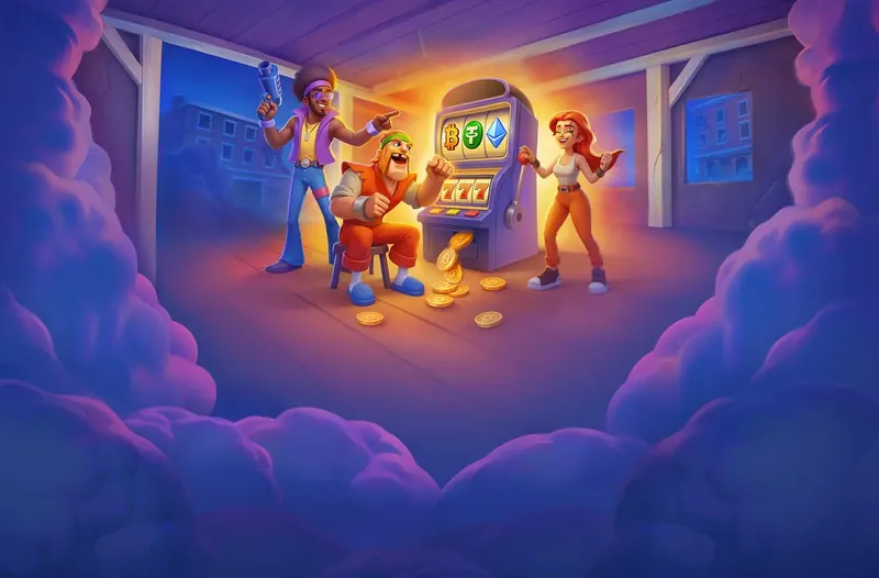Pistolo casino slots: i personaggi davanti alla slot machine con le monete